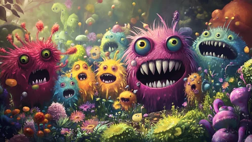 Colorful furry monsters crowd vibrant fantasy garden