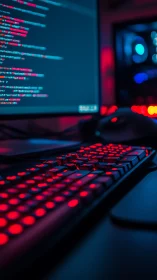 Backlit coding workstation glows with neon red keys.