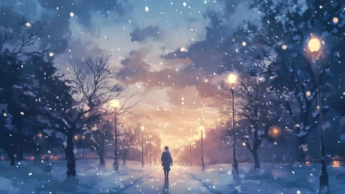 Snowy park avenue glows softly under a pastel winter sunset