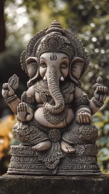 Stone Ganesha sculpture sits on pedestal amid soft foliage