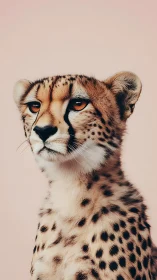 Cheetah portrait against soft pastel backdrop in profile view.