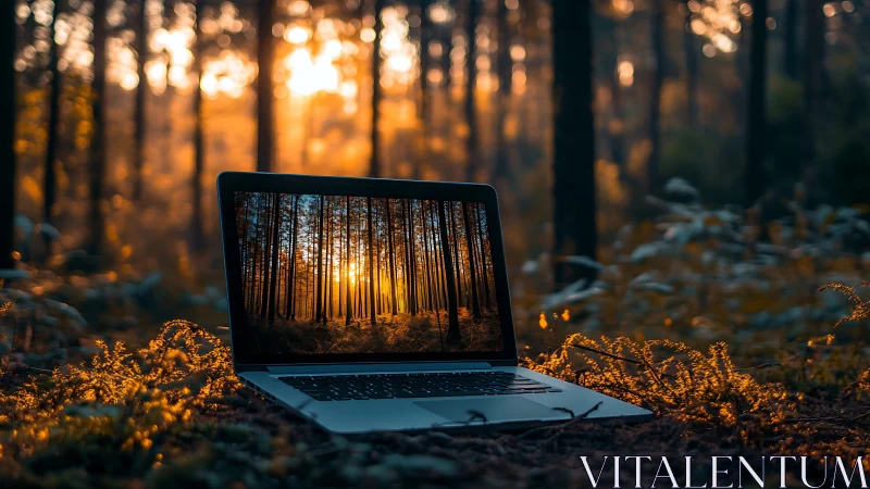 Laptop on forest floor displays matching sunset tree scene