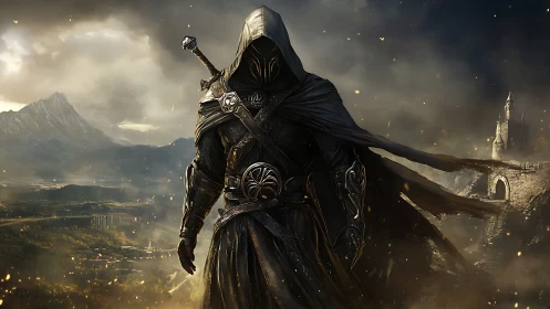 Hooded armored warrior in dark fantasy mountain landscape.
