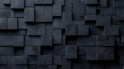 Dark geometric 3D blocks forming layered abstract wall.