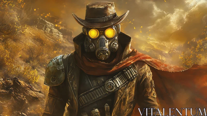 Postapocalyptic gunslinger stalks irradiated golden canyon.