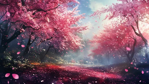 Digital painting of luminous cherry blossom forest path.