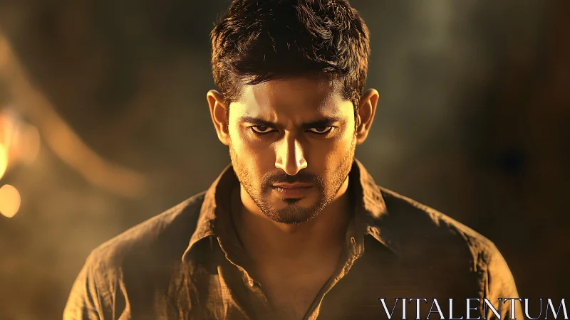 Male subject in front-facing close-up under warm directional light