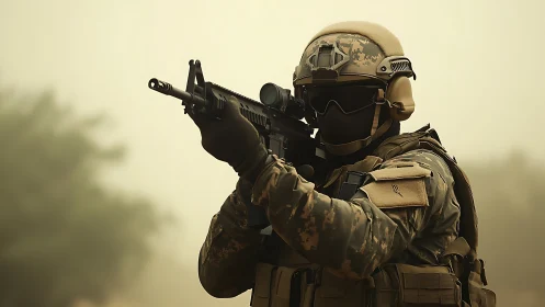 Special forces marksman aims rifle through desert haze.