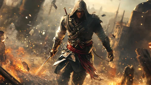Hooded rogue advances through burning cityscape with dynamic debris