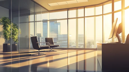 Luxury High-Rise Office Interior at Sunset with Golden Light