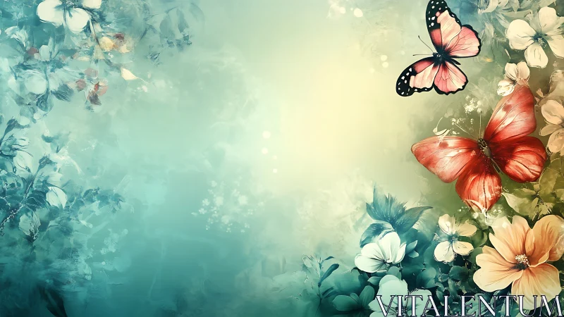 Butterflies over soft teal floral background illustration.