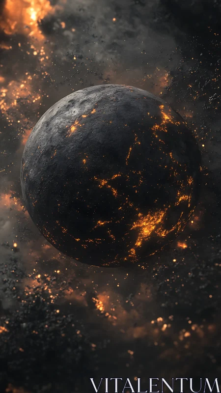 Burning molten planet amid dark cosmic debris field.