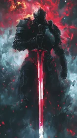 Emberclad dark knight rises with a searing crimson blade.