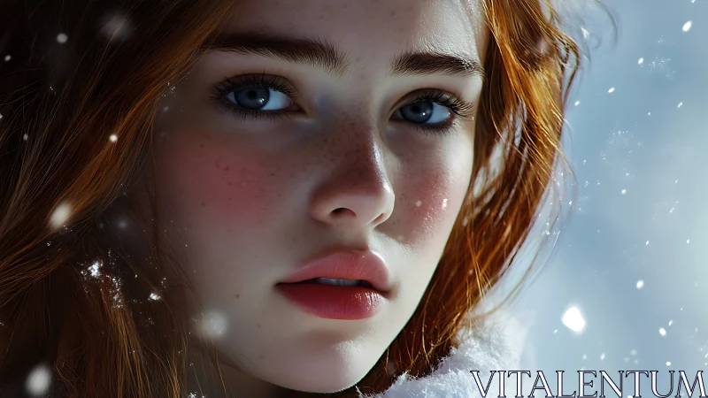 Hyperreal redheaded portrait under snow with soft subsurface scattering
