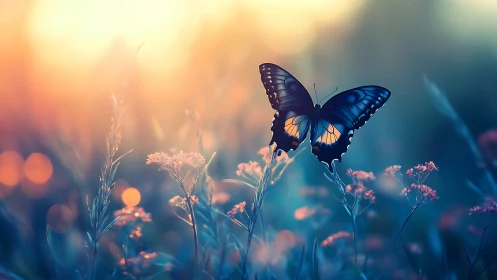 Photorealistic dusk meadow with backlit butterfly study.