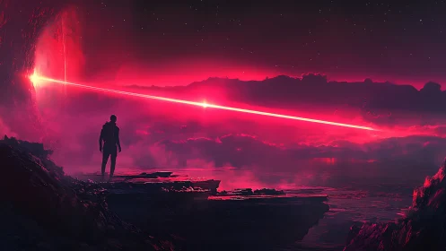 Crimson horizon carves a laser path for a lone explorer