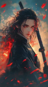 Ember-eyed sword maiden stalking through drifting fire petals.