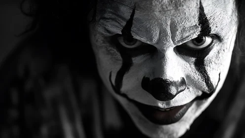 Close-up human face with cracked clown makeup and glare