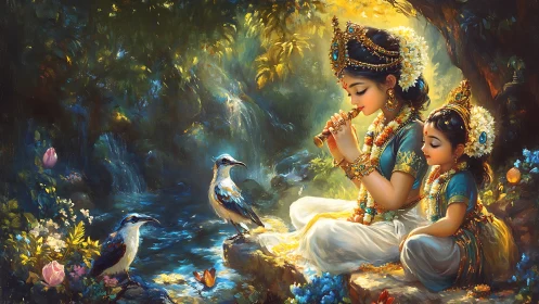 Golden forest melody with divine children and wild birds.