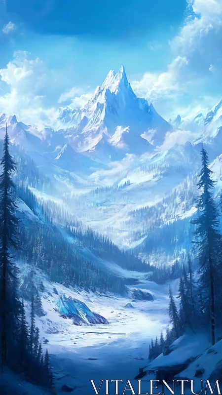 Glacial mountain valley under luminous winter sky.