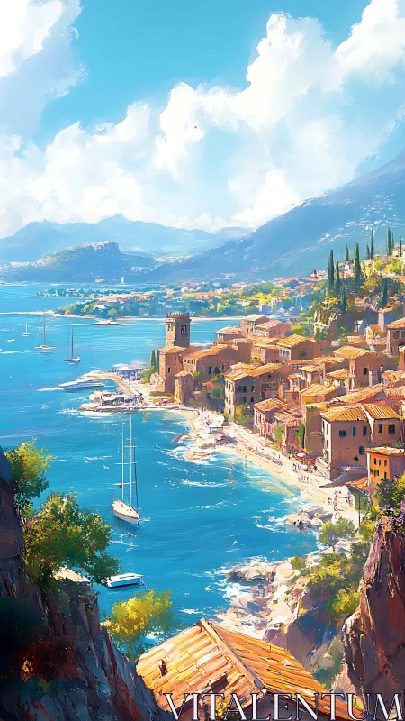 Sunlit seaside village leans lazily into turquoise calm