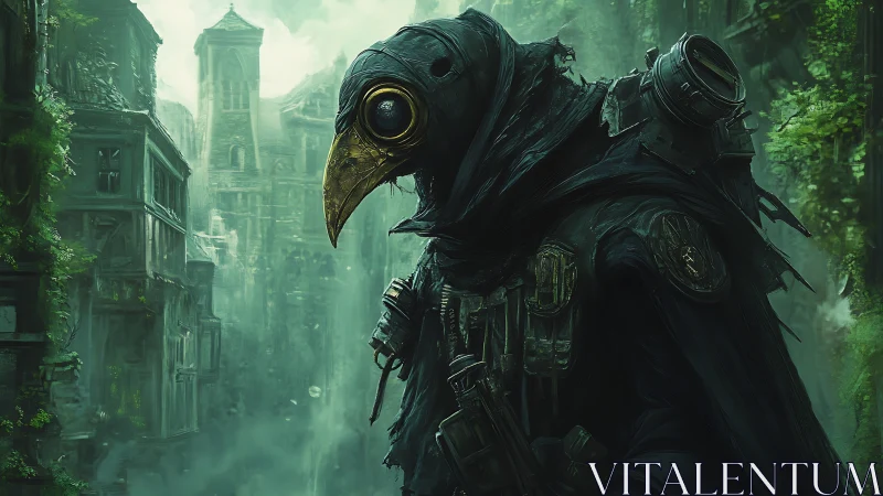 Mysterious plague doctor wandering a mossy ruined cityscape.