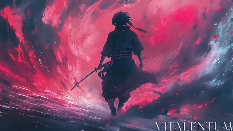 Backlit samurai silhouette in crimson vortex energy storm