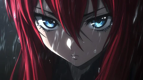 Anime close-up portrait in cinematic rain lighting study.