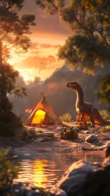 Cinematic camp at sunset with dinosaur in lush valley scene.