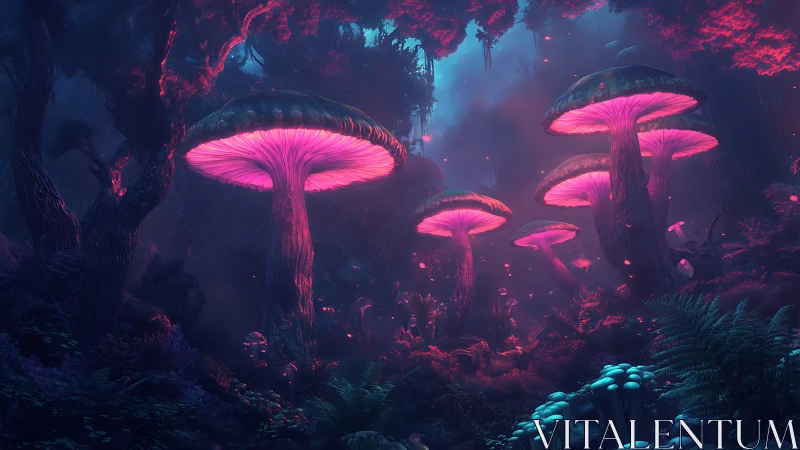 Bioluminescent mushrooms glow inside dense alien forest