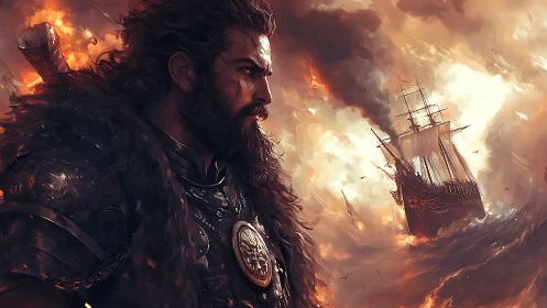Storm-tossed warrior watching a burning ship at sea.