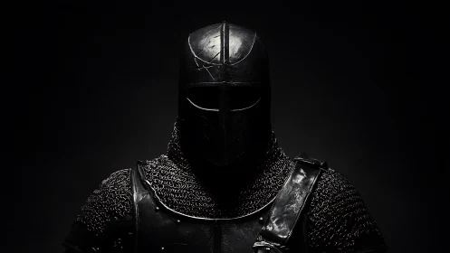 Shadowed medieval knight stands in worn black battle armor