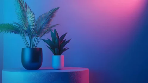 Modern potted plants on pedestal under vibrant neon lighting.