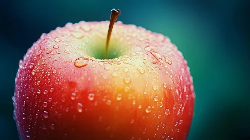 Macro study of dewy red-yellow apple with soft bokeh background.