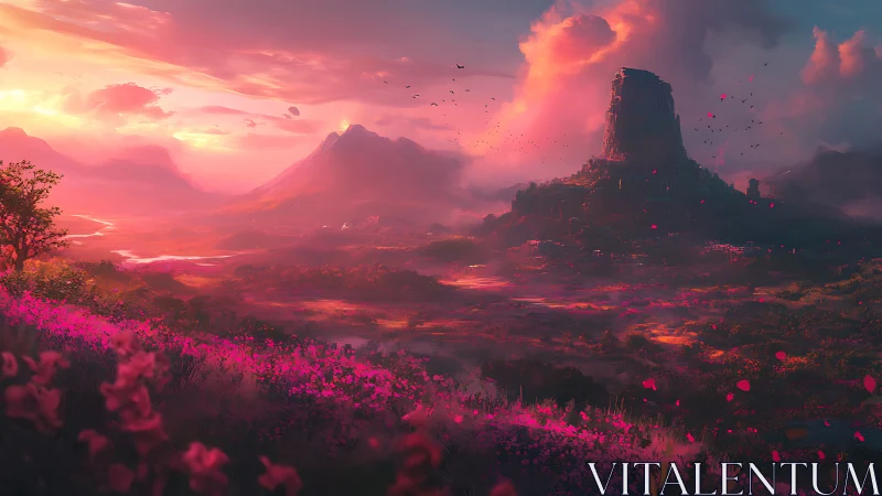Mythic mesa at dusk with radiant magenta valley bloom.