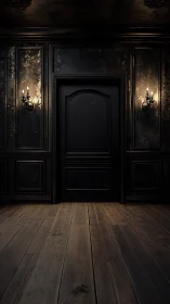 Midnight black door in a candlelit, brooding corridor.