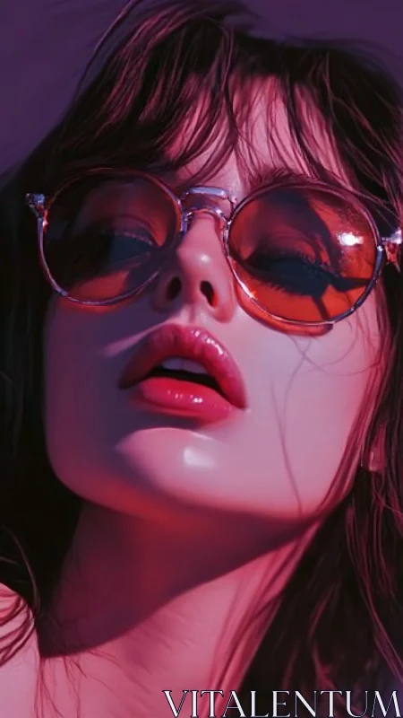 Close-up portrait with magenta lighting and tinted sunglasses.