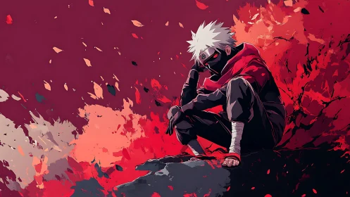 Anime warrior in crimson abstract battlefield composition.