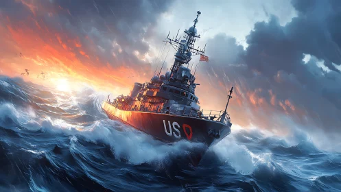 Naval vessel traverses rough ocean under storm-lit sky