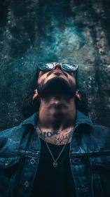 Rebel in teal shadow leans back beneath electric sky.