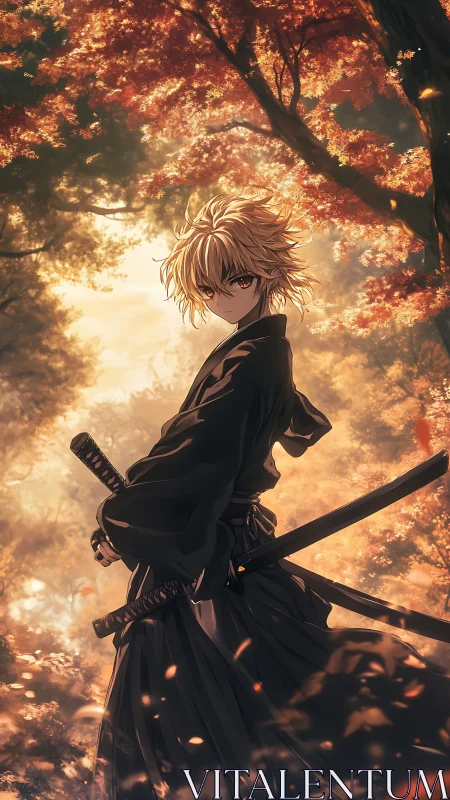Blond anime swordsman standing in autumn forest scene.