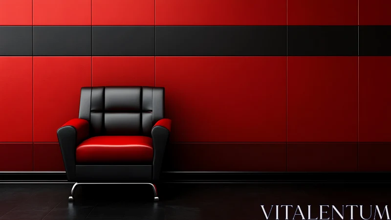 Red leather lounge chair anchors bold geometric interior.