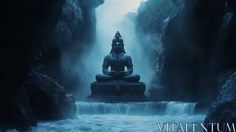 Monolithic stone Buddha statue amid misty blue gorge waters