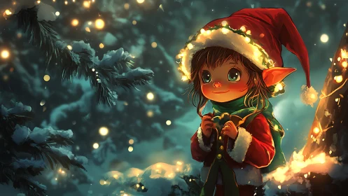 Warmly lit Christmas elf studies snow-laden forest bokeh lights