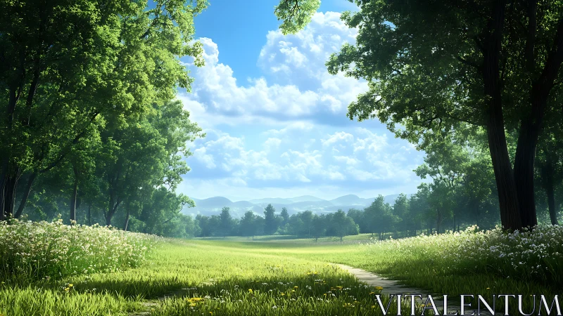 Sunlit meadow path unfolds between tranquil forest edges.