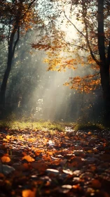 Misty forest path with autumn foliage and diffused sunlight