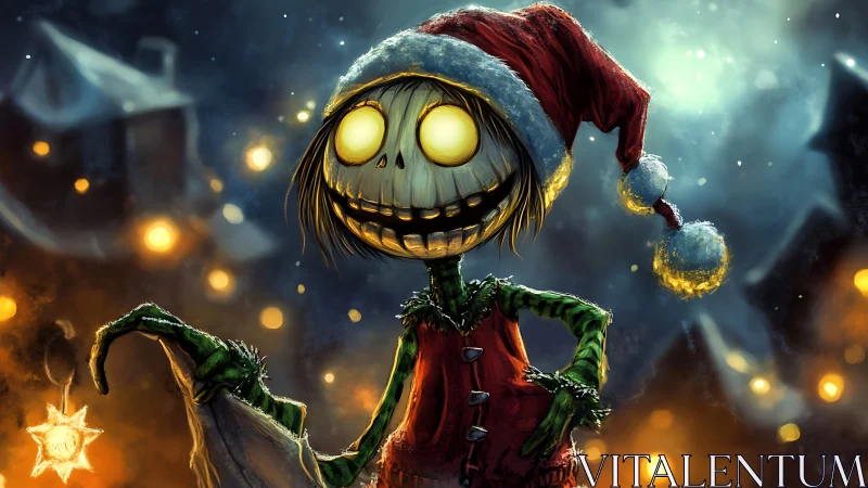 Spooky holiday skeleton grinning in glowing winter night.