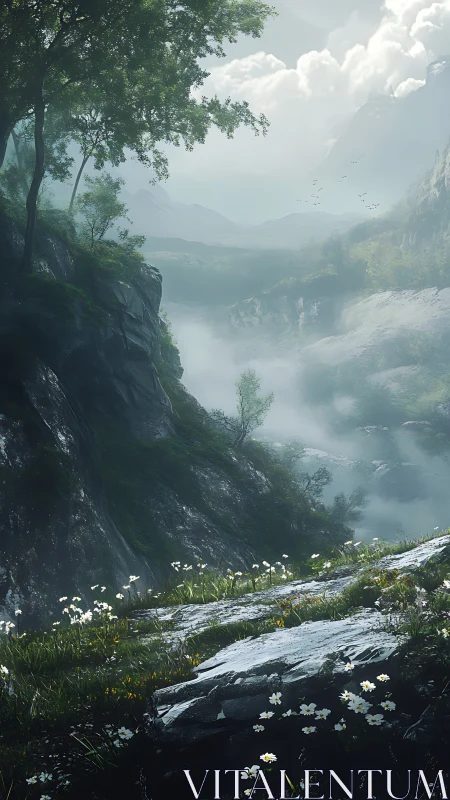 Fog-draped alpine ravine with rocky ledge and wildflowers