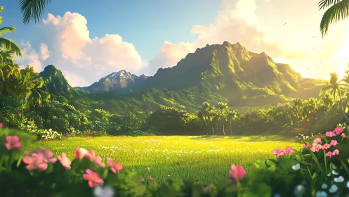 Digital painting of sunlit tropical valley and mountain range.