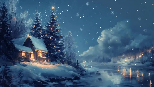 Snowfall illuminates riverside cabin and forest lights at blue hour